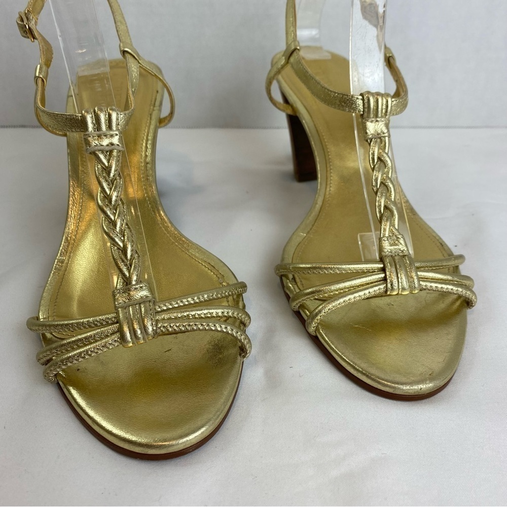 J. Crew “Paige” Metallic Gold Strppy Leather Braided Chunky Heel - Picture 5 of 14